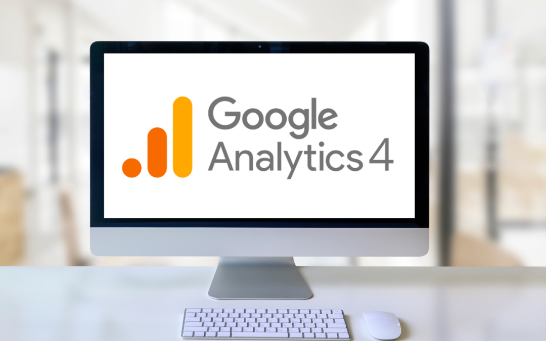 Image of a desktop displaying "Google analytics 4" text with logo.