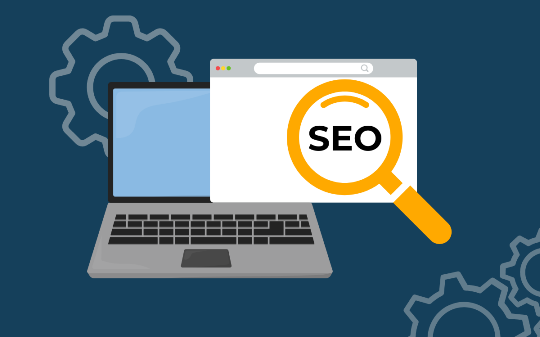 Graphic with a computer, web page and magnifying glass that says "SEO"