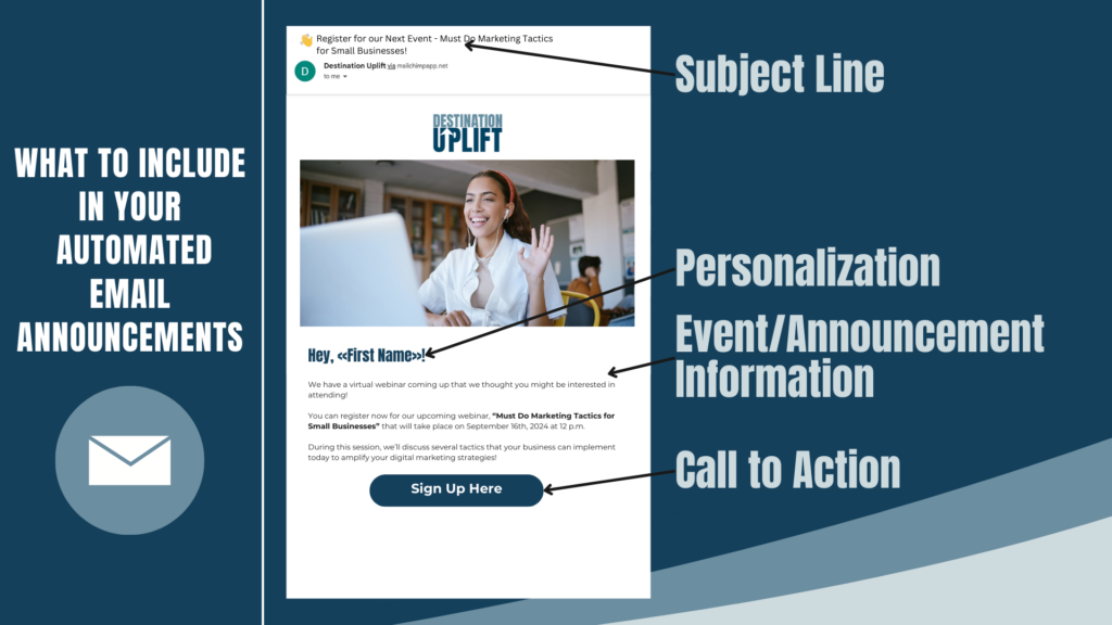 What to include in your automated e-mail announcements. Email example including a subject line, personalization, event or announcement information and a call to action.